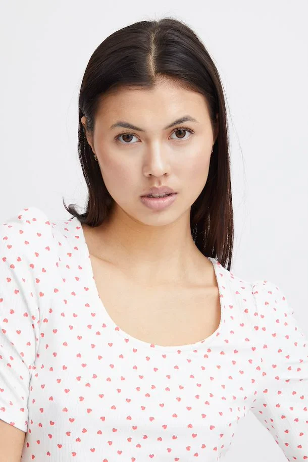 ICHI Debby Heart Print T-Shirt - Cream - Image 2