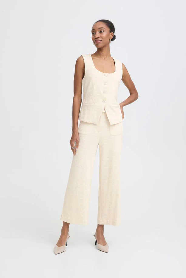ICHI Kate Lumina Textured Pants - Cream - Image 2