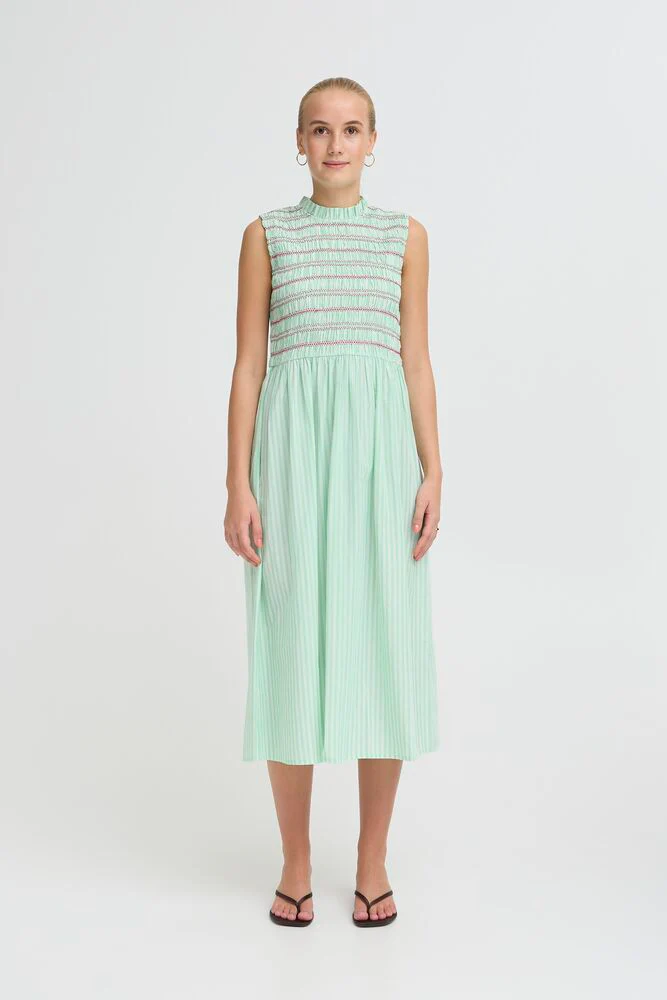 ICHI Locy Stripe Midi Dress - Green/Pink - Image 6