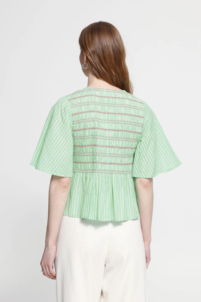 ICHI Locy Peplum Top - Green Stripe - Image 3